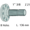 Zapfwellenendstück, Ausführung: Länge 136 mm ,1 3/8 Zoll , 21 Nuten ,8 Bohrungen